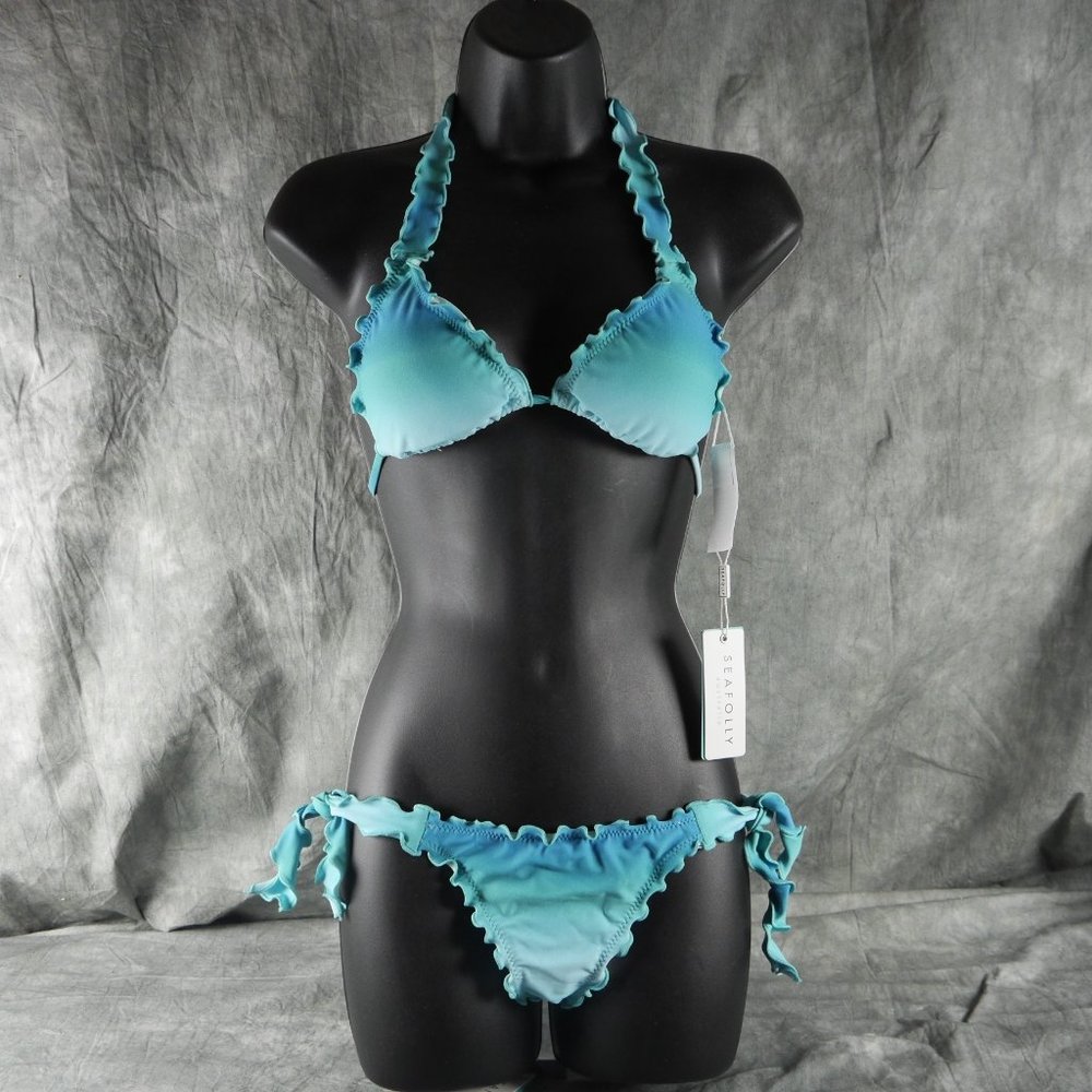 New Seafolly "Miami Seychelles" Slide Tri Top & Brazilian Tie Side Bikini Size 2